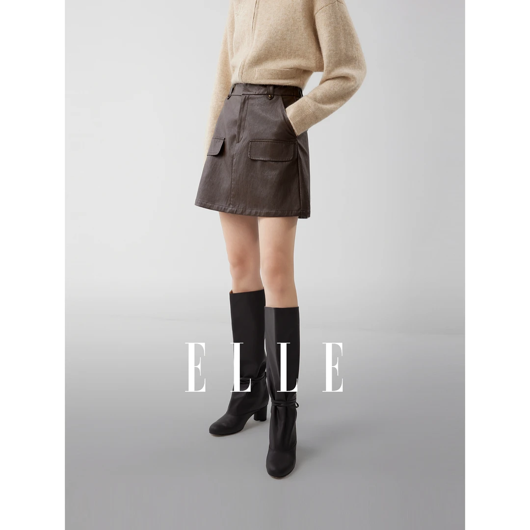 ELLE女装工装复古半身裙2025冬新款时髦PU皮短裙子ER52805