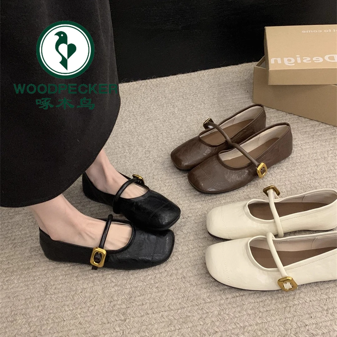 啄木鸟平底单鞋2025新款春夏豆豆鞋温柔风晚晚鞋法式玛丽珍小皮鞋