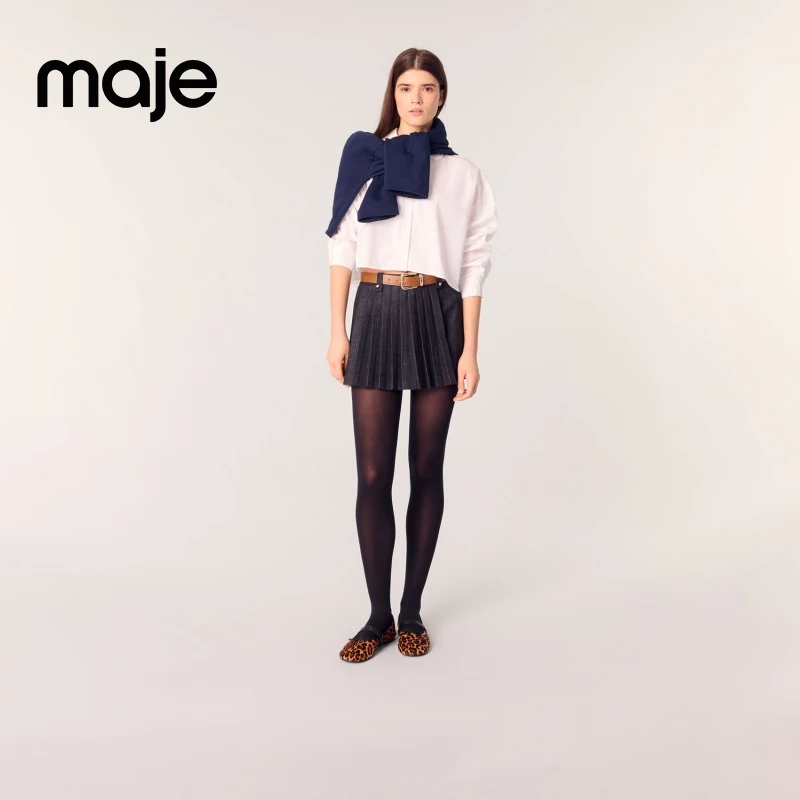 暖系穿搭|Maje2025秋冬新款女装黑色百褶牛仔裙裤MFPSH00617