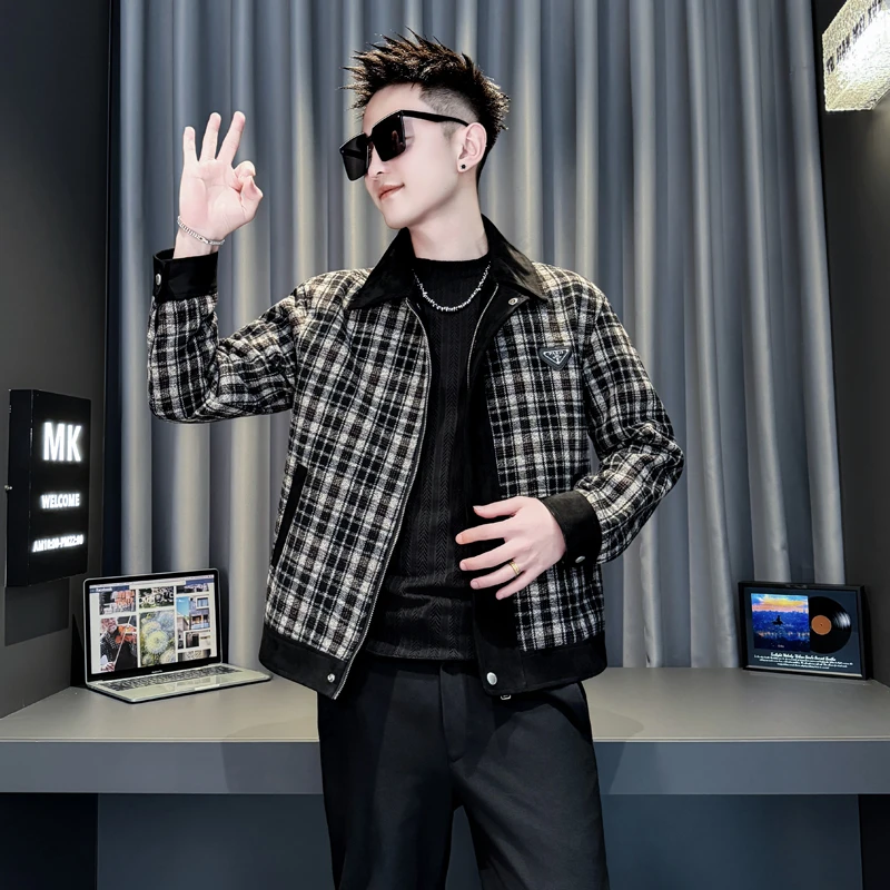 秋冬新款爆款高端帅气翻领格子夹克男士休闲外套加厚褂子男装上衣