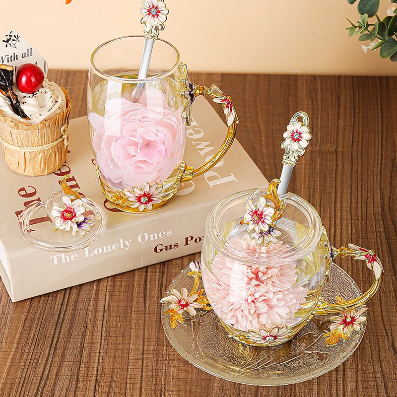 新款珐琅彩雏菊花茶杯耐热玻璃茶水杯家用轻奢泡茶杯高级感杯子