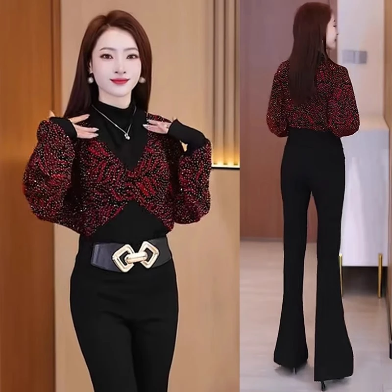 洋气假两件高领亮晶晶打底衫女韩版宽松显瘦显高T恤小衫百搭秋冬