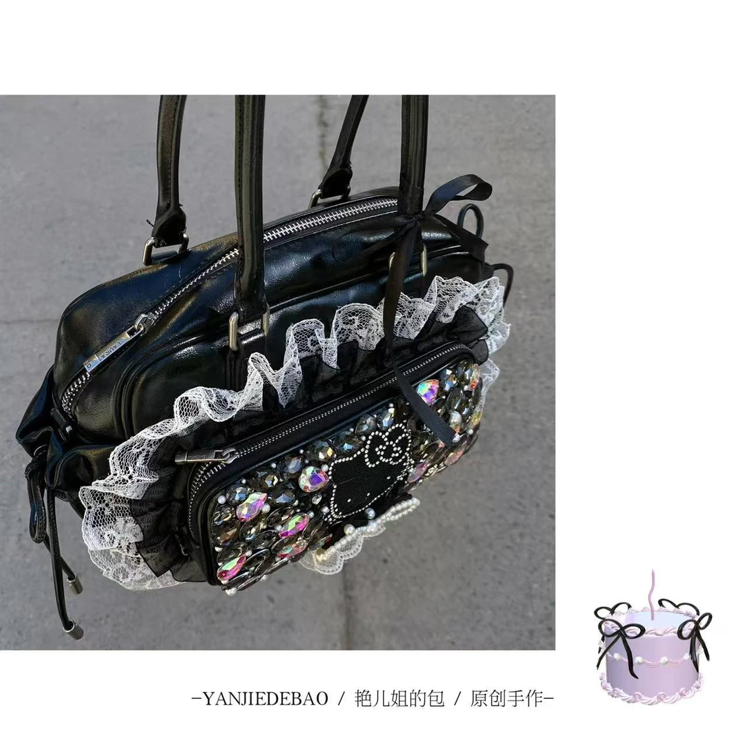 高级手作水钻KT黑色大容量法棍单肩斜挎女包夏季新款