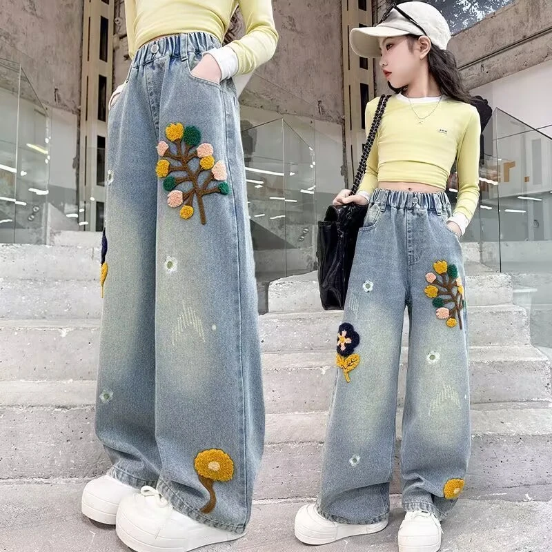 女童牛仔裤春秋时髦洋气春款大童直筒网红炸街阔腿裤春天儿童裤子