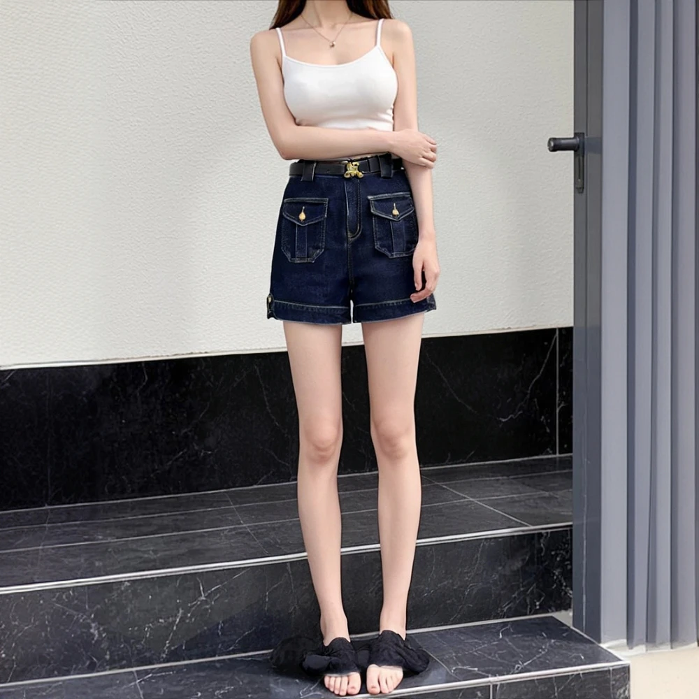 2025新款设计感丹宁蓝工装牛仔短裤女夏季高腰弹力外穿直筒热裤