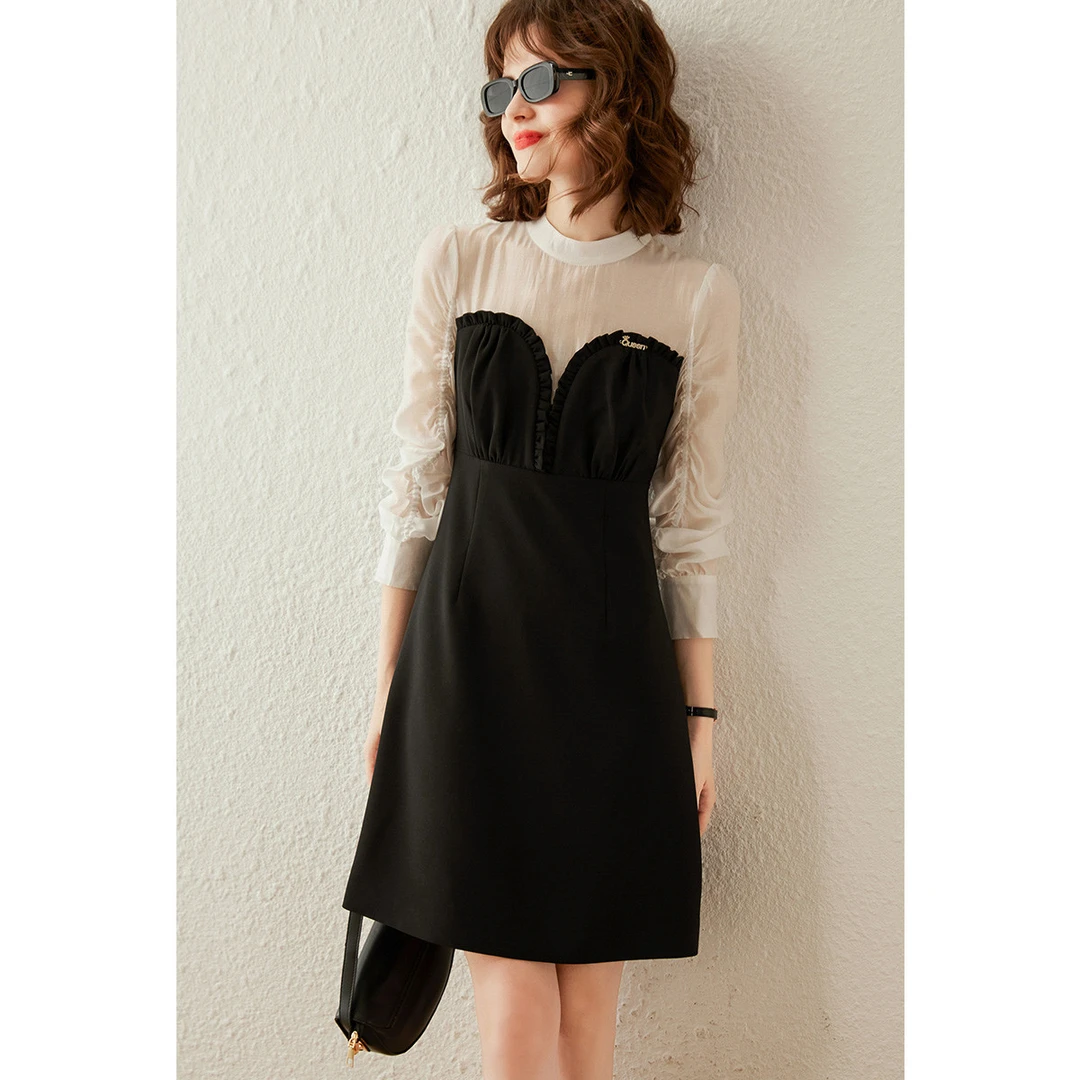 白鹿语秋款气质木耳边拼接长袖撞色立领修身小黑裙连衣裙ZBL10036
