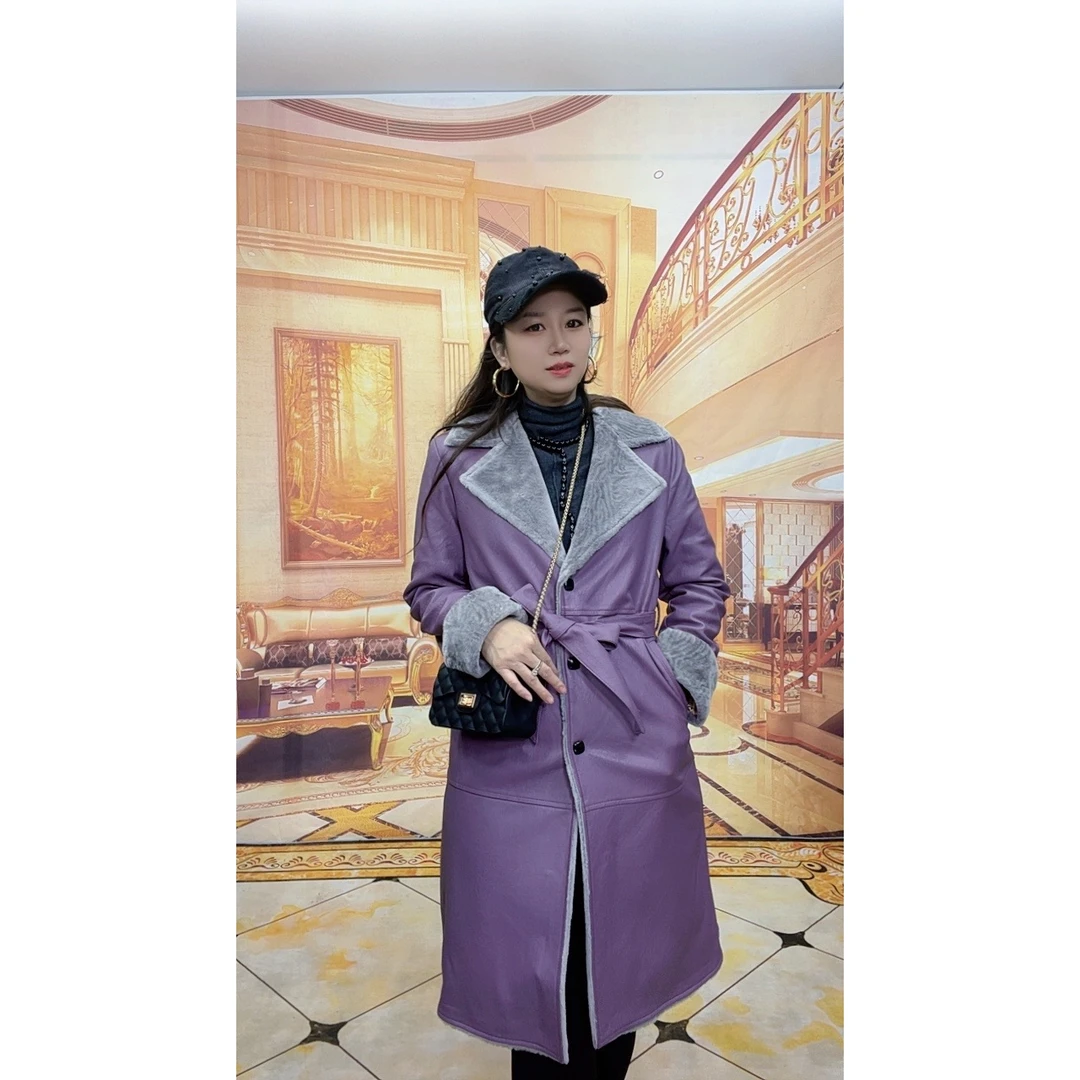1916新款优雅中长款皮衣加厚系带外套