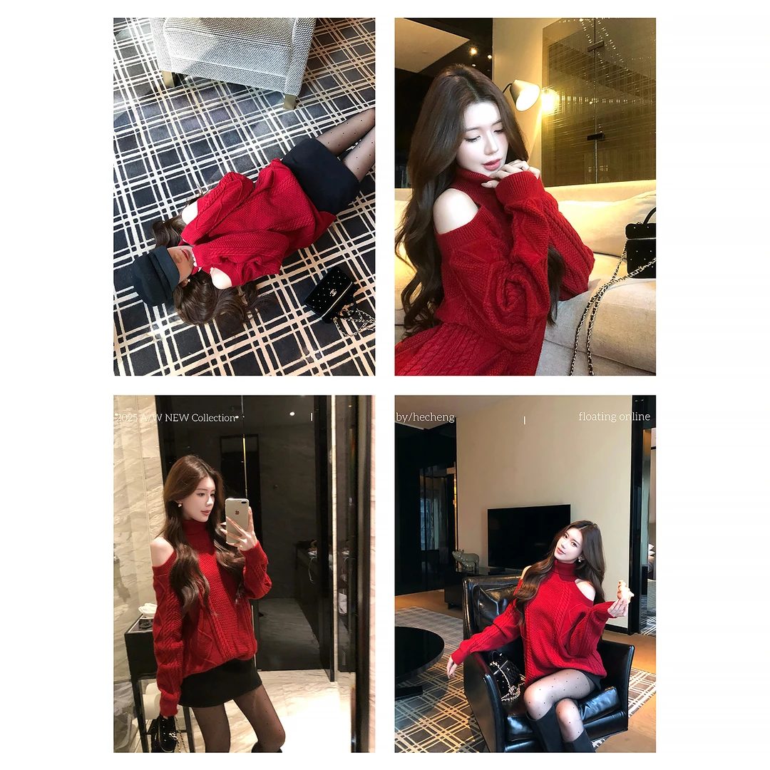 【禾呈】加厚保暖围脖露肩毛衣女保暖针织时尚长袖针织上衣10917