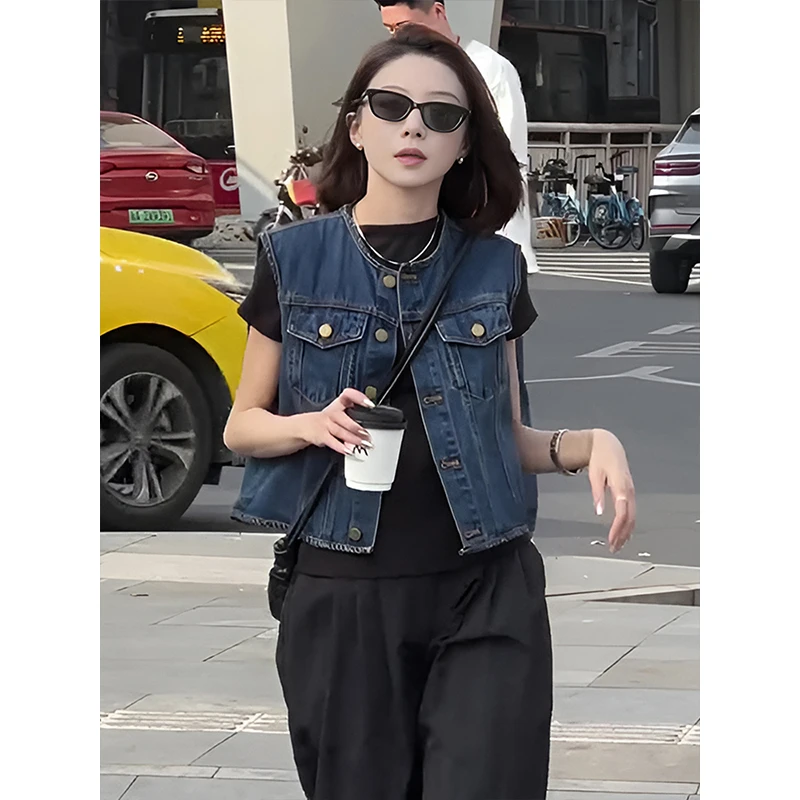 法式复古无袖圆领牛仔马夹女2025早秋新款高级感减龄百搭背心上衣