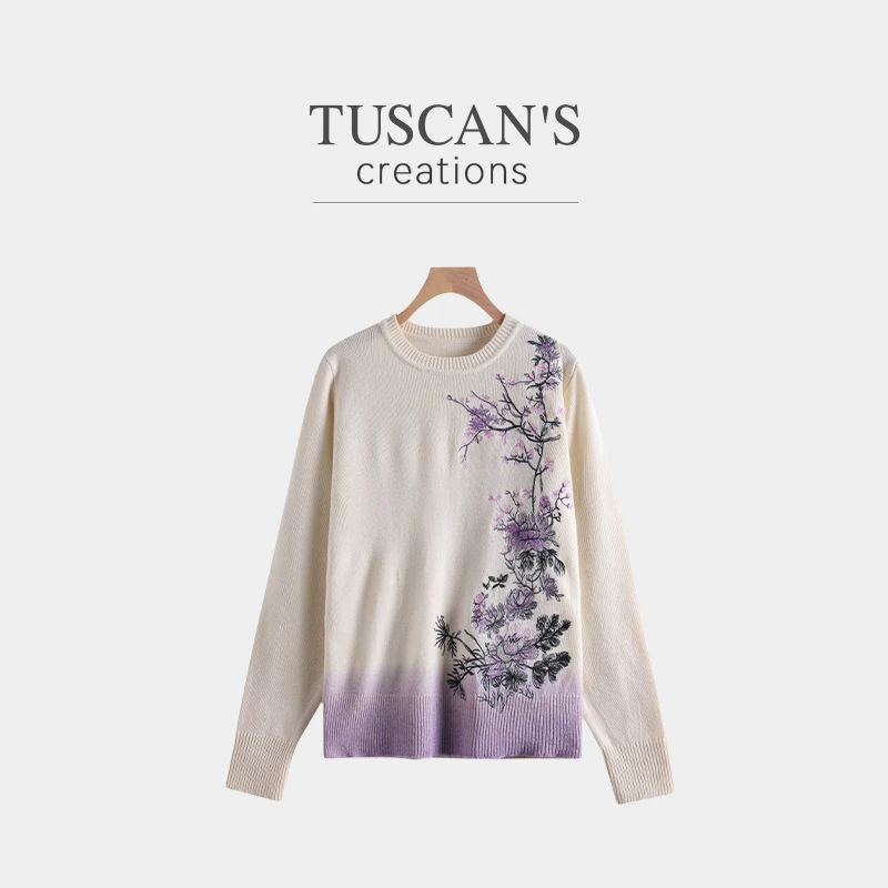 TUSCAN'S CREATIONS新款圆领时尚宽松毛针织衫刺绣秋冬女时代双鱼