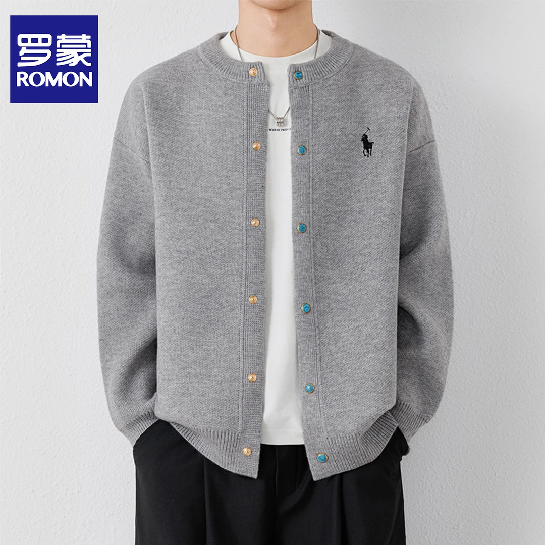 罗蒙高级感针织开衫男士外套春秋季高品质刺绣毛衣夹克宽松休闲