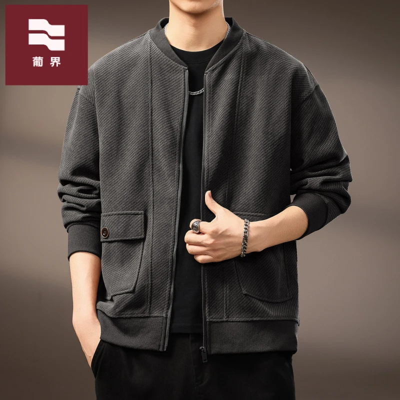 高端美式复古开衫欧棉绒立领夹克男士2025秋季新款宽松棒球领外套
