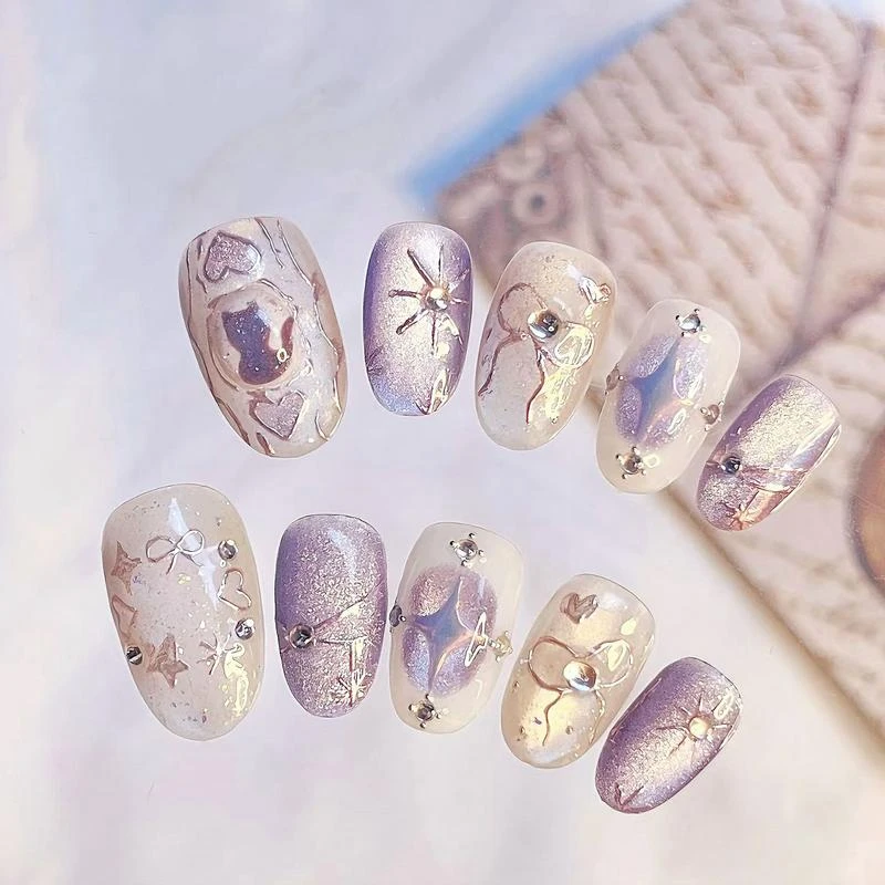 2025年新款紫色猫眼波西米亚穿戴甲猫咪蝴蝶结爱心短款美甲甲片