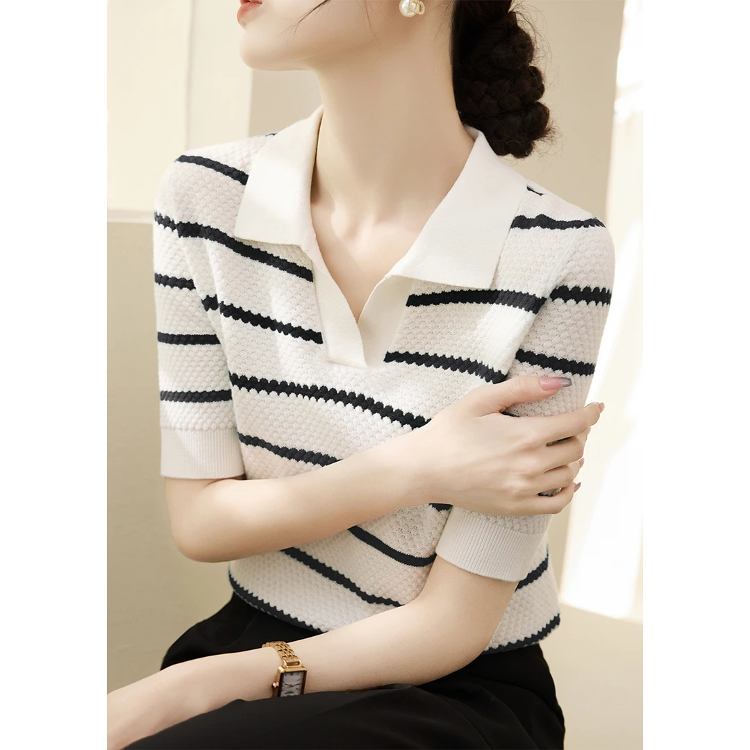 黑白拼色宽松显瘦短袖针织衫2025年夏季新款POLO领条纹T恤上衣