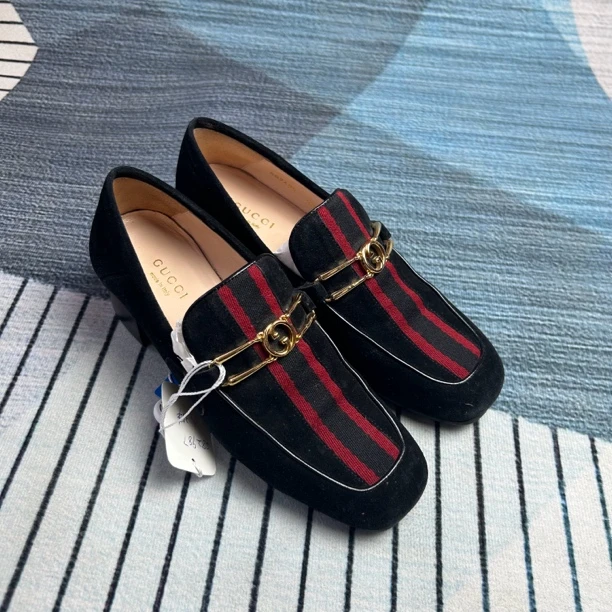 95新 GUCCI/古驰 古驰黑色双G乐福鞋三五半【专属】