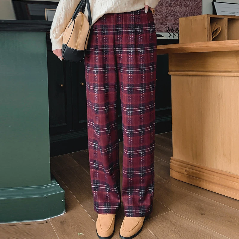 大码女装复古格子裤女休闲裤子2024冬季新款胖mm宽松阔腿裤NK1087