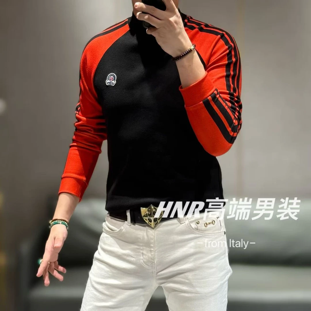 【石墨烯聚热锁温】拼色条纹经典胸标图案百搭长袖T恤6799