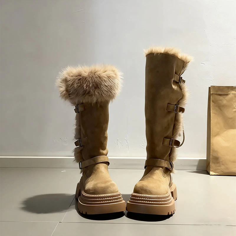 OJRZ厚底两穿毛绒雪地靴2025冬季显瘦高筒加绒保暖防滑扣带长筒靴