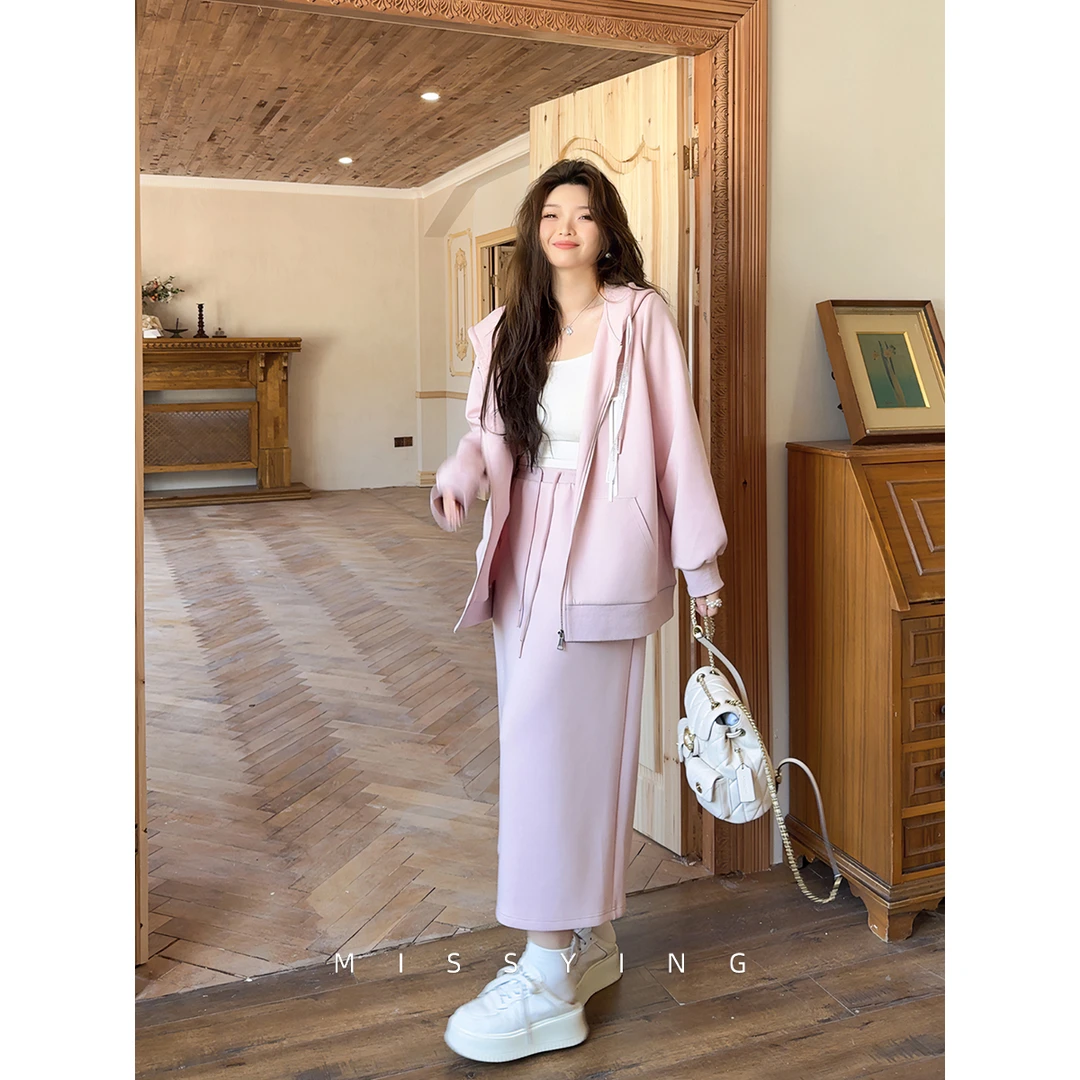 应小姐【春日记】微胖大码韩版春款显瘦休闲风卫衣外套短裙长裙套装