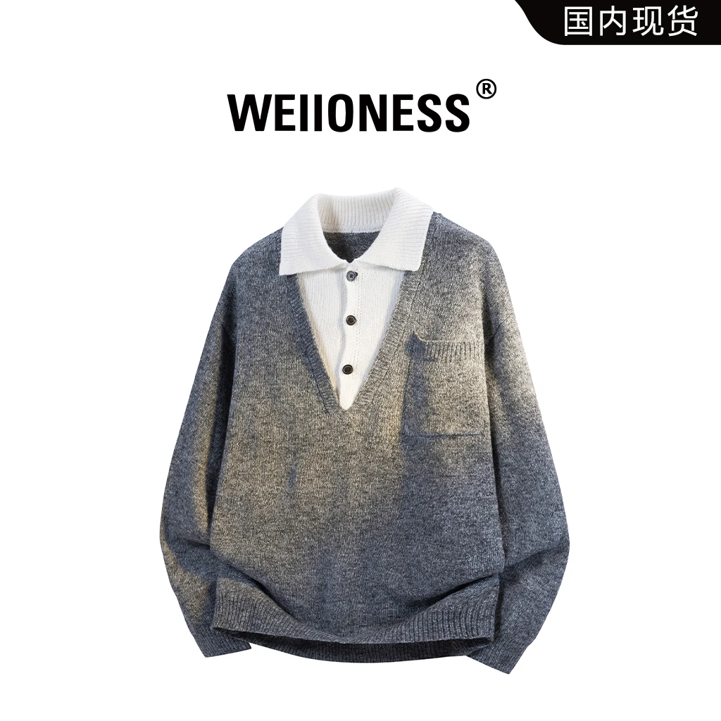 WEIIONESS假两件毛衣男士秋冬季日系潮流宽松针织衫上衣轻奢男装