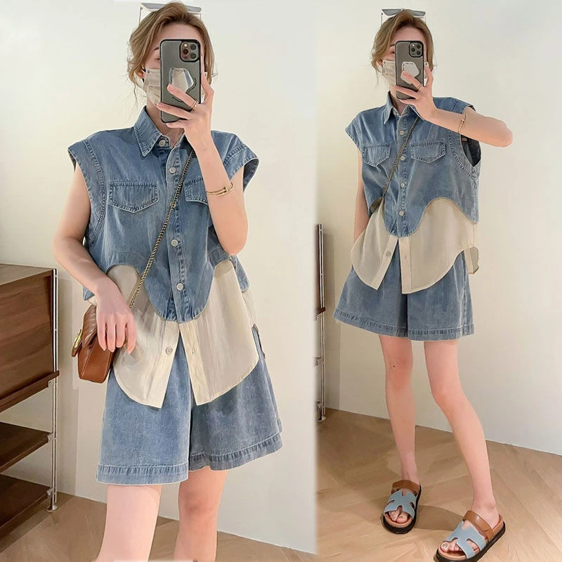 牛仔套装女2025夏季新款韩版无袖牛仔拼接上衣小个子短裤两件套女