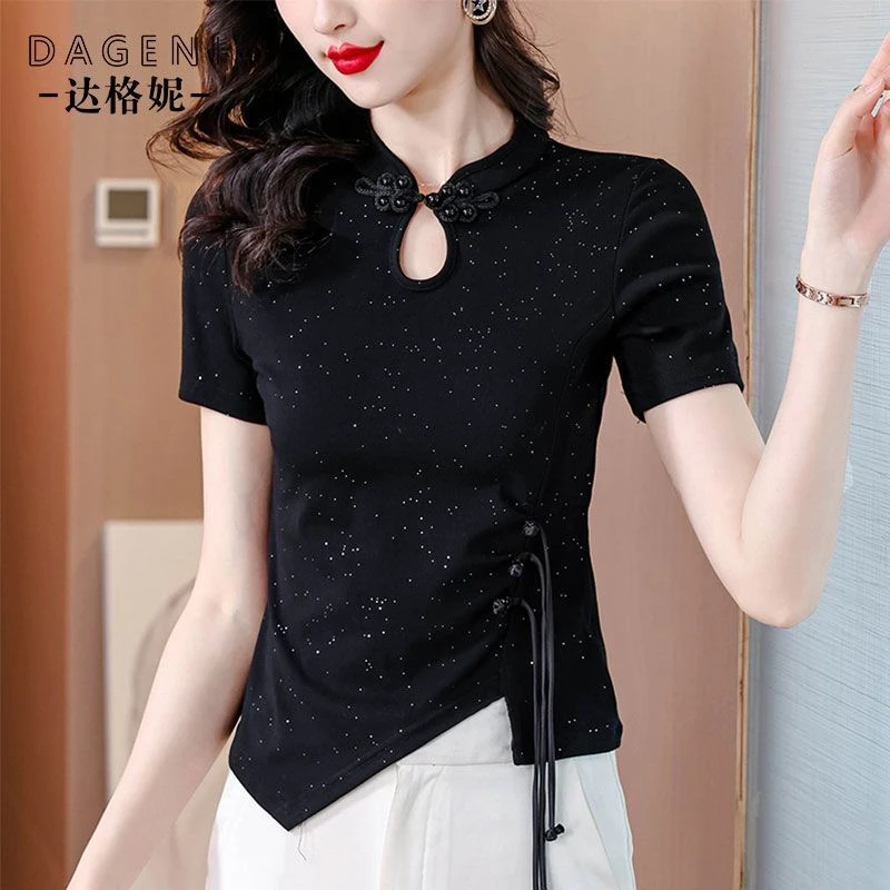 新中式亮片短袖t恤女2025夏季新款不规则下摆修身国风盘扣上衣女