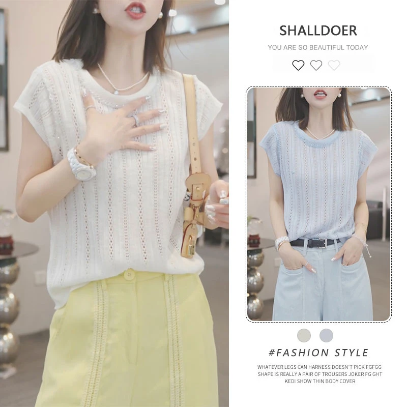 大码高级感镂空短袖针织衫女夏2025新款胖MM冰丝宽松显瘦百搭上衣