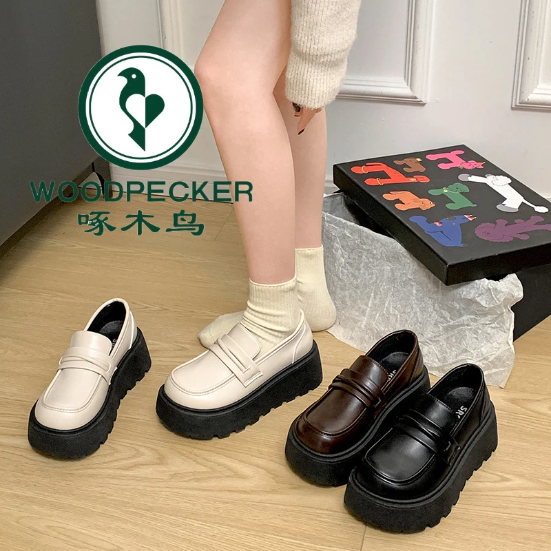 啄木鸟厚底增高黑色小皮鞋女2025春季新款英伦风复古JK百搭乐福鞋