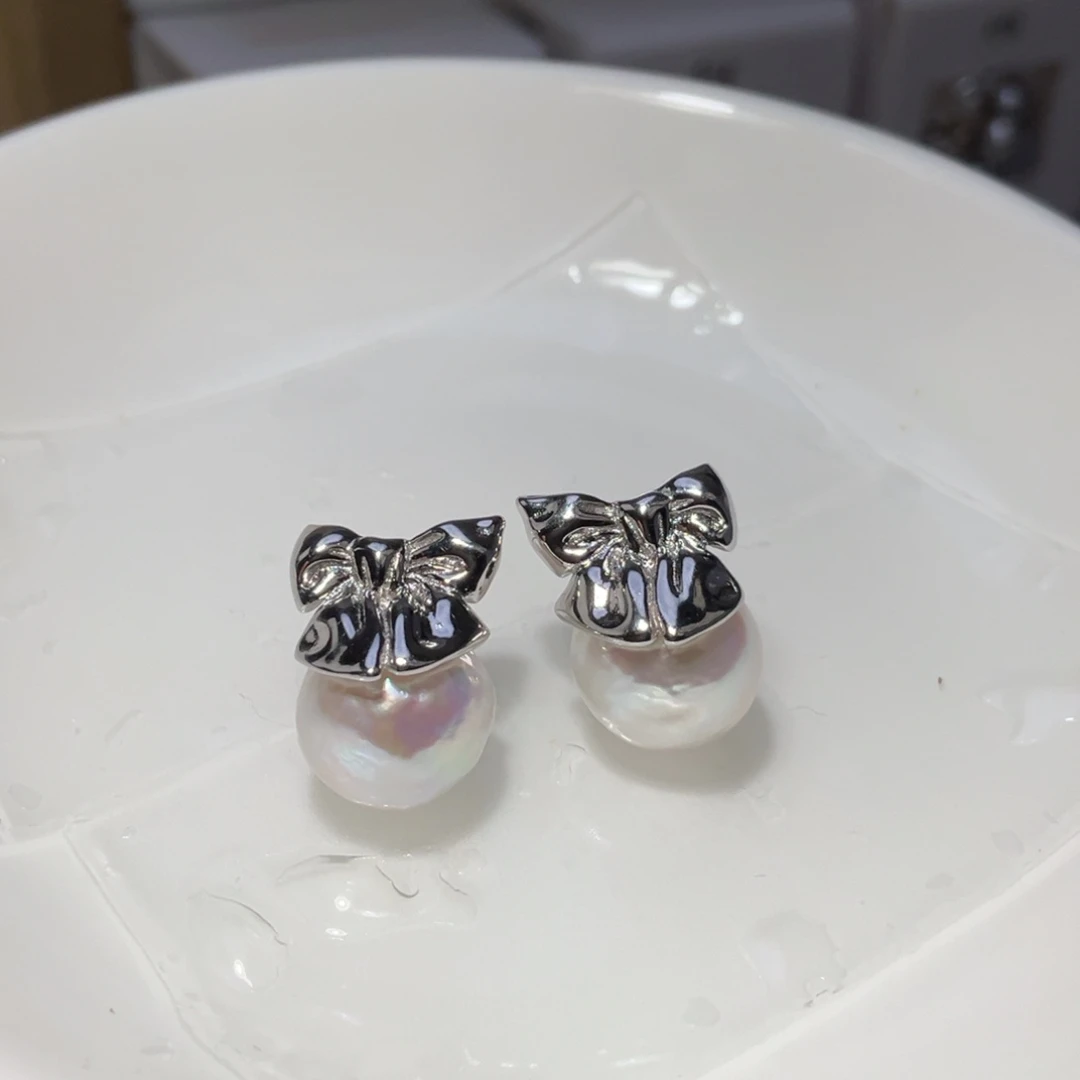 耳饰银S925镶嵌淡水珍珠