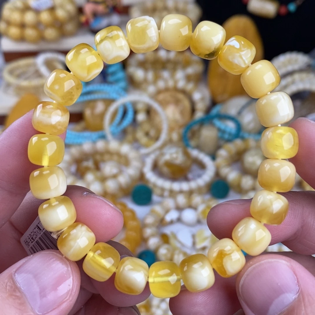 蜜蜡未镶嵌手链金瓷白妖花10mm