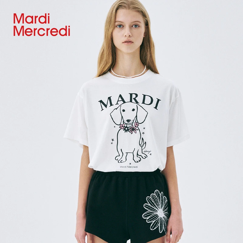 【Mardi Mercredi】彩花正脸珍珠小狗印花短袖t恤腊肠狗纯棉J