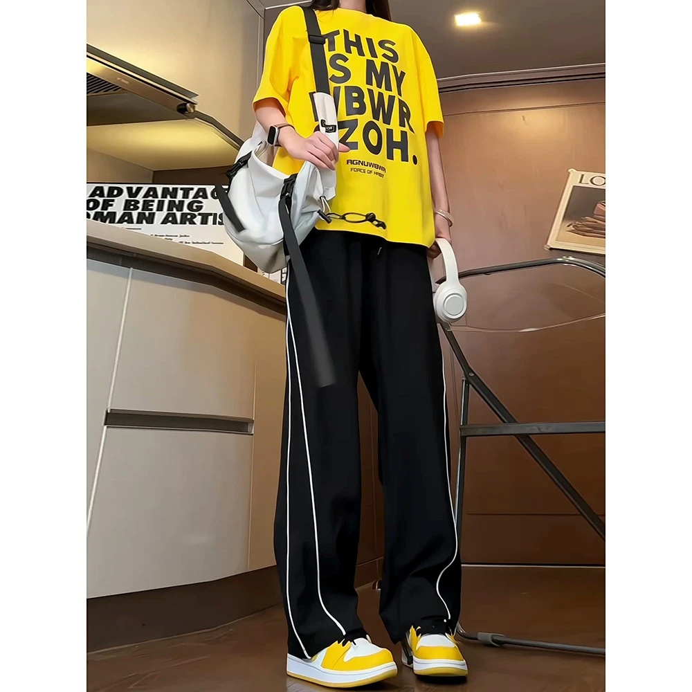 黑色冰丝速干裤子男款宽松bf慵懒风休闲运动裤夏季条纹设计感卫裤