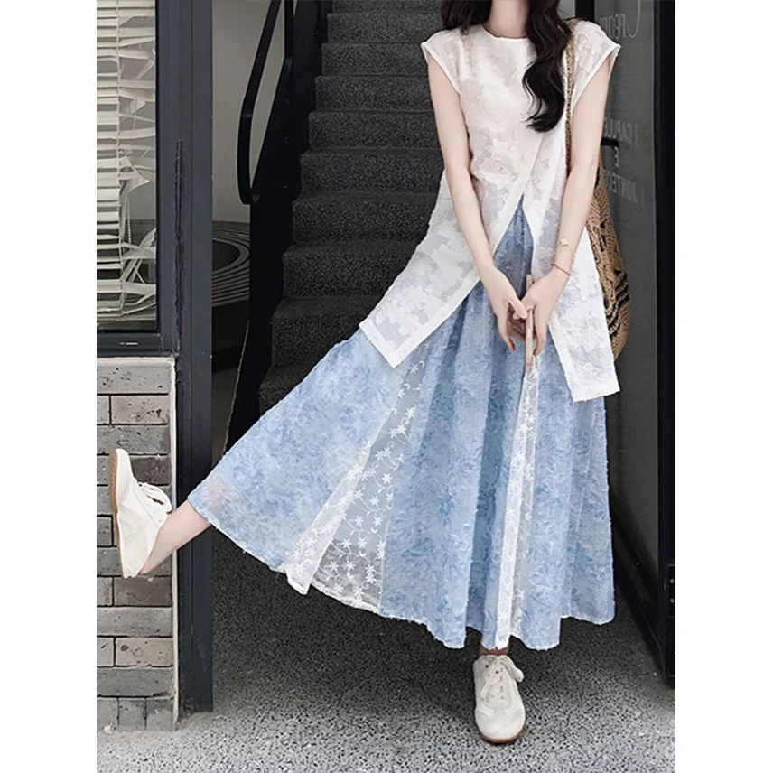 少女风裙子蓝色休闲风吊带时尚套装国风韩版千金风蕾丝显瘦气质