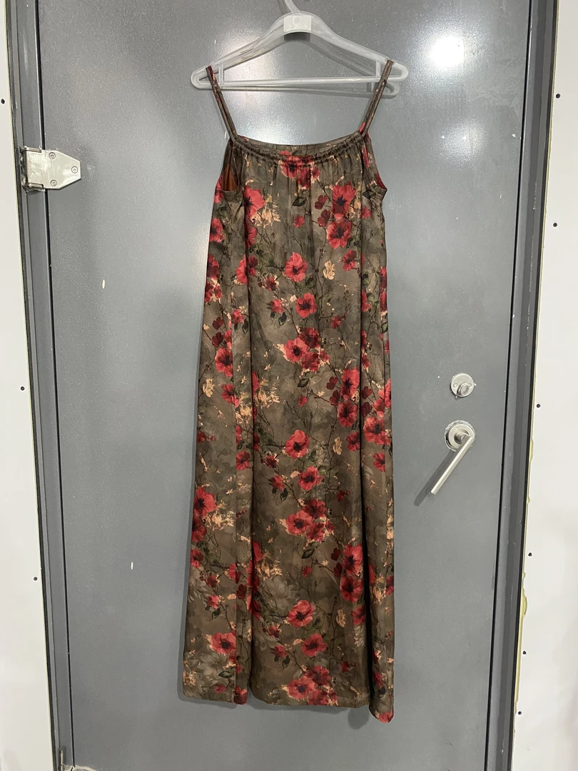 青娘子香云纱提花花萝高腰显瘦时尚简约复古气质吊带长裙242262