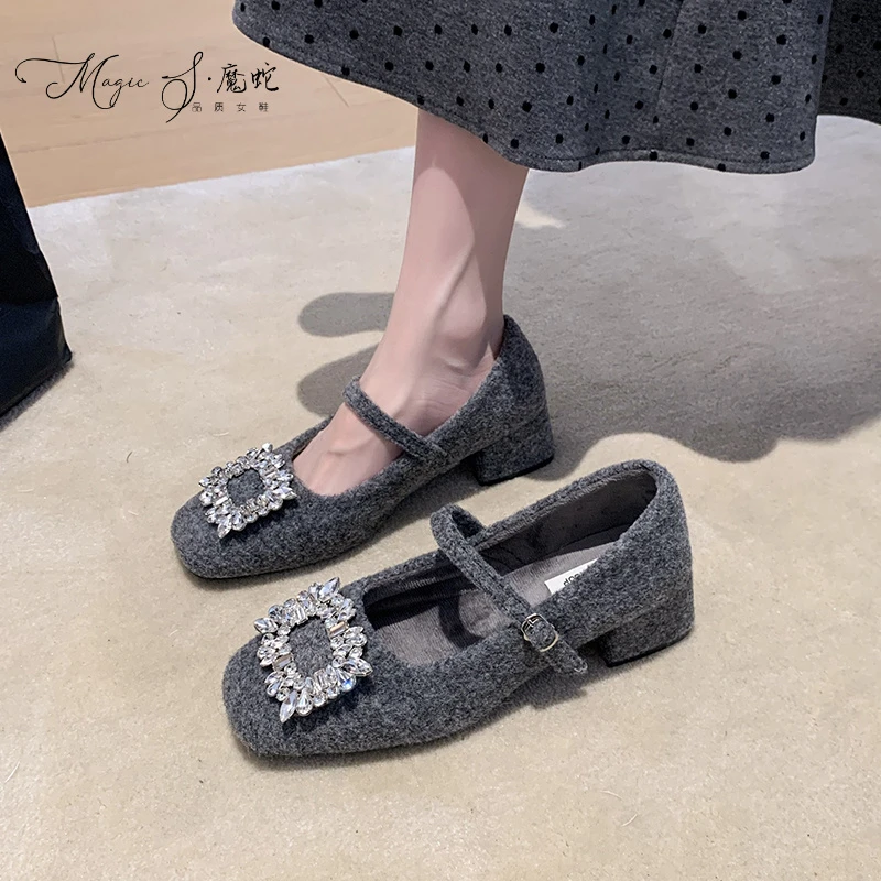 【万达撤柜】法式气质方头水钻轻奢一字扣带加绒玛丽珍鞋女毛毛鞋女