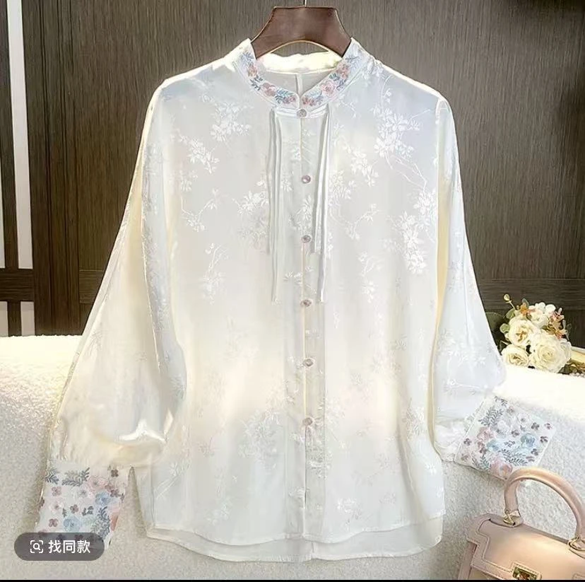 新中式国风衬衣女米色刺绣复古衬衣盘扣唐装汉服气质中国风