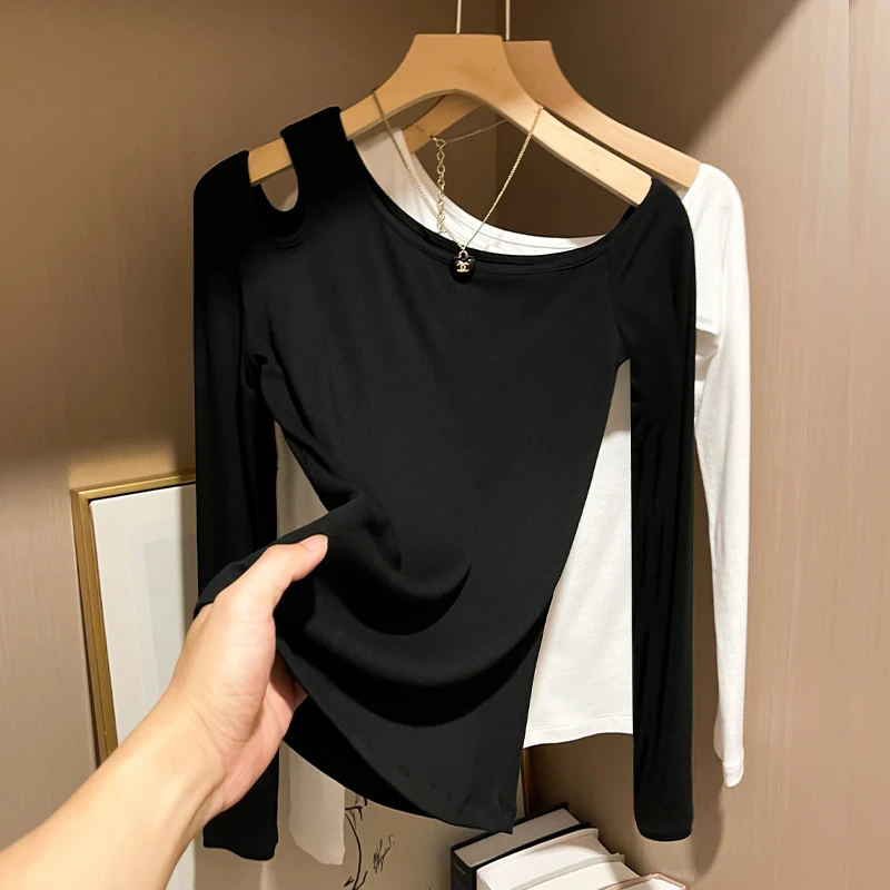 2025新款春秋季长袖打底衫女黑色斜肩镂空秋装女款爆款2025新款