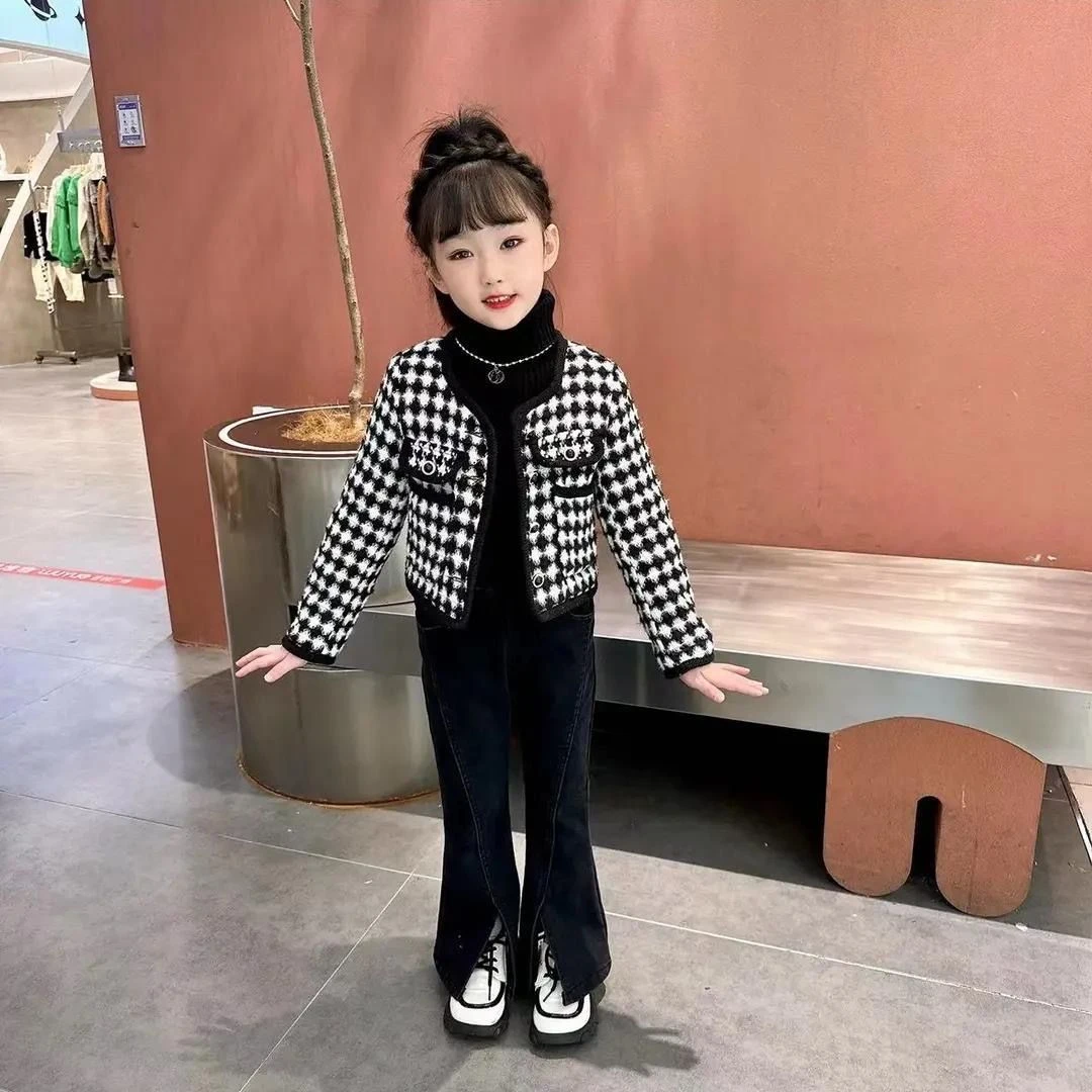 女童小香风夹棉外套喇叭裤套装春秋款中大童洋气牛仔裤两件套