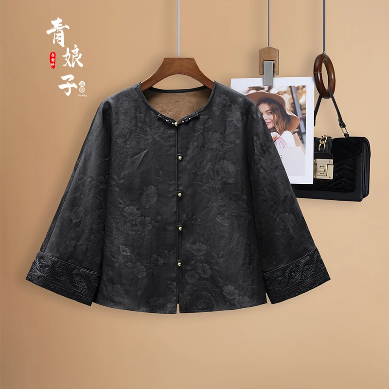 青娘子香云纱（言礼）提花花萝新中式复古宽松开衫短款上衣--60073