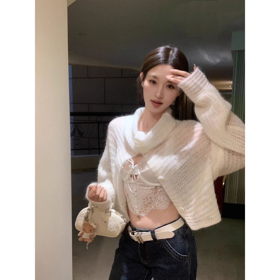 慵懒风马海毛白色镂空针织开衫女翻领短款纯欲毛衣外套上衣