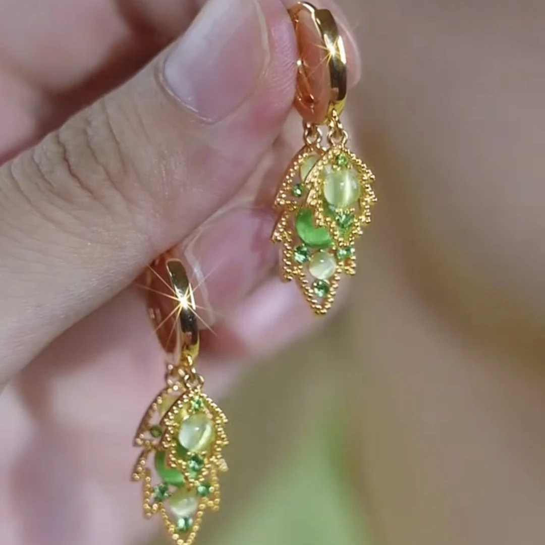 铜合金合成锆石耳饰 【两情相悦】耳圈气质耳扣时尚百搭叶子耳环