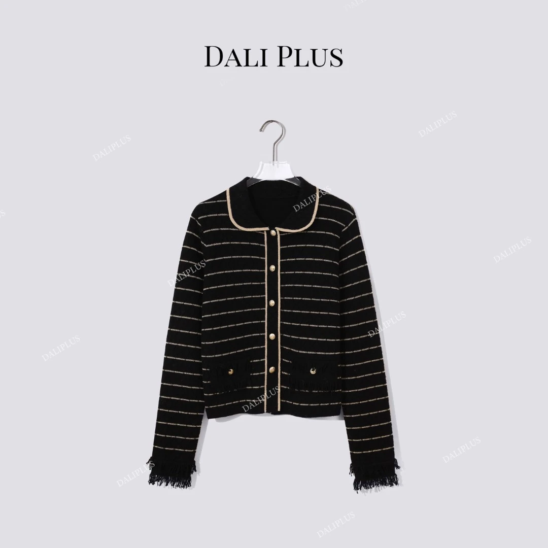 DALI PLUS“重磅100精纺羊毛黑金小香针织”撞色条纹开衫-D5MM2481