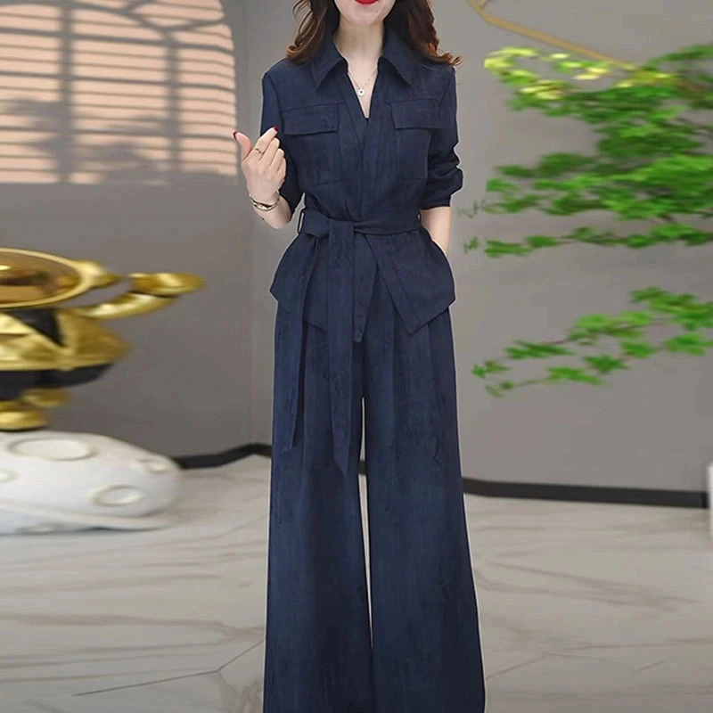 时尚法式风情高定款大码洋气两件套春新款系带收腰显瘦阔腿裤套装