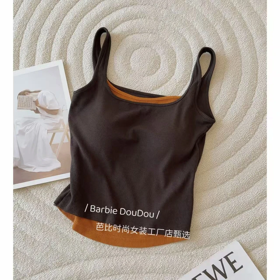 【豆子推荐】9885 早秋新款拼色带胸垫背心通勤百搭打底女士时尚