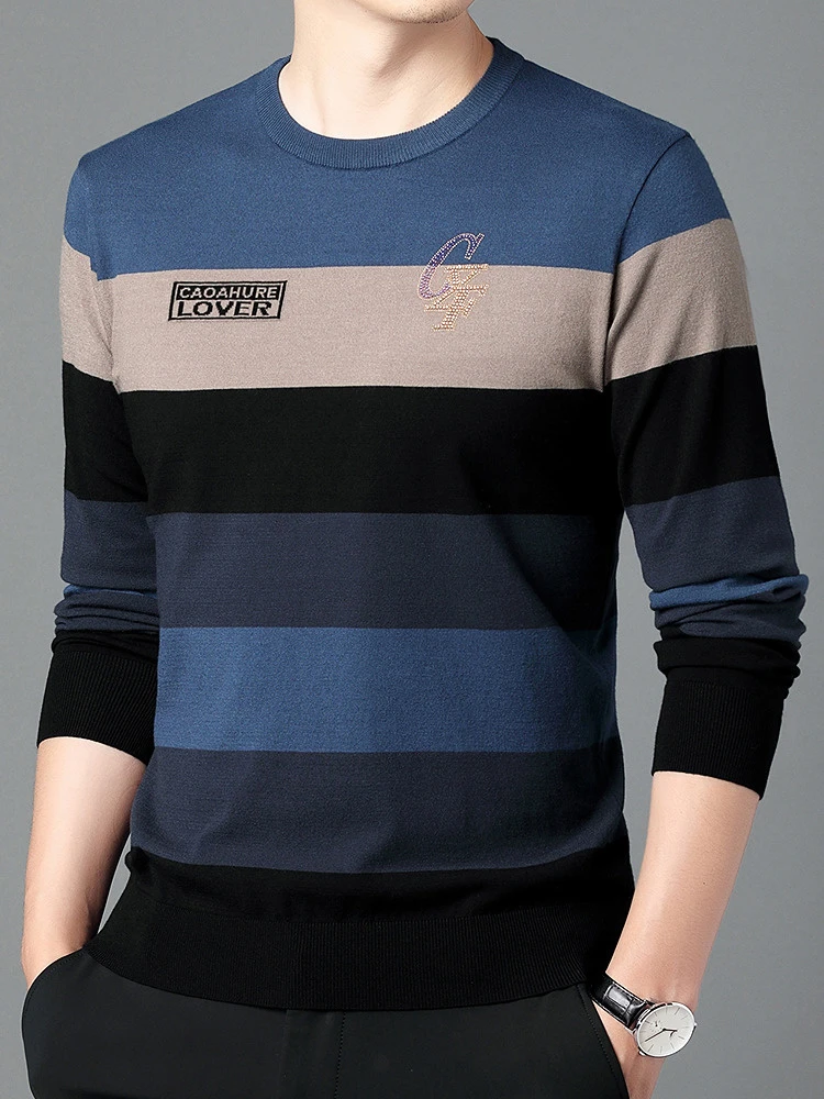2025秋季新款男士潮流时尚圆领长袖针织衫t恤撞色条纹内搭上衣男