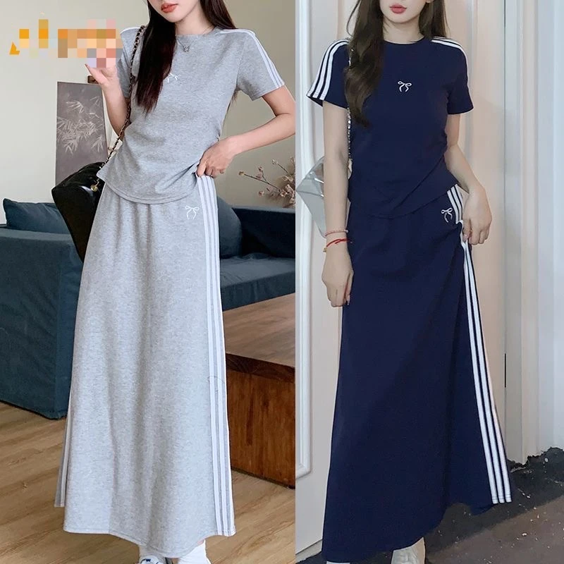 大码女装夏季新款休闲时尚宽松慵懒风高腰三条短袖T恤半身裙套装