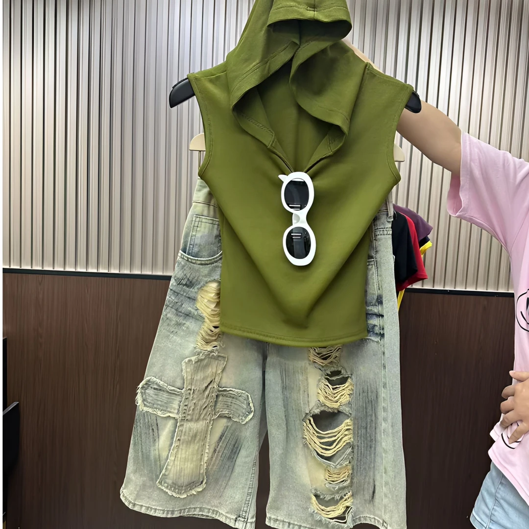 【DXJ家定制】夏季新款美式复古水洗破洞阔腿宽松牛仔五分裤