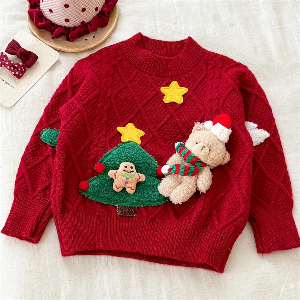 圣诞毛衣！儿童红色格子毛衣新年拜年服秋冬针织衫冬季保暖打底衣