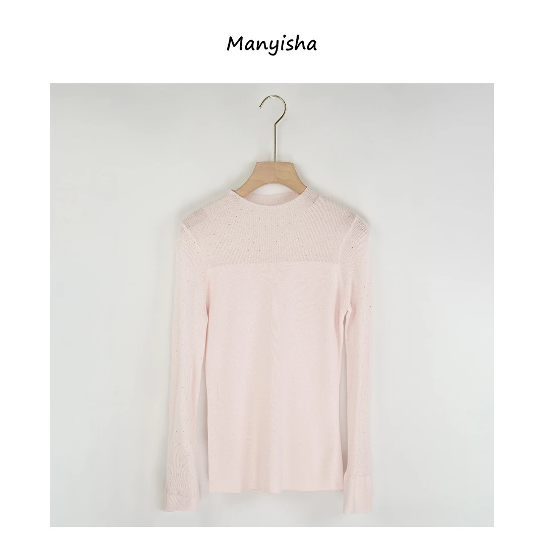 25款修身纯色半高领压钻针织衫长袖打底薄款时尚百搭休闲套头