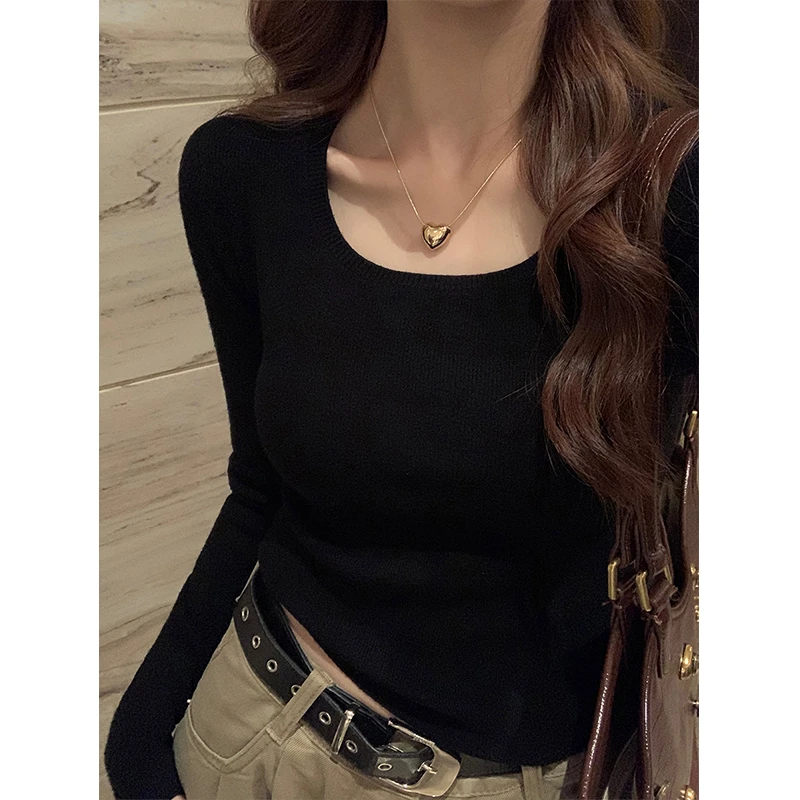 方领软糯针织衫长袖女2025年春秋新款上衣修身大领口纯欲打底毛衣